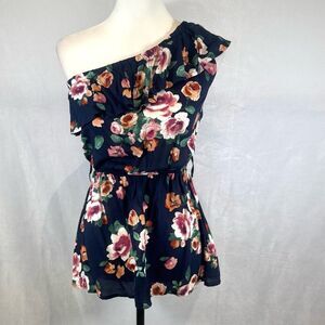 A’gaci navy floral ruffle one shoulder peplum top size small NWT